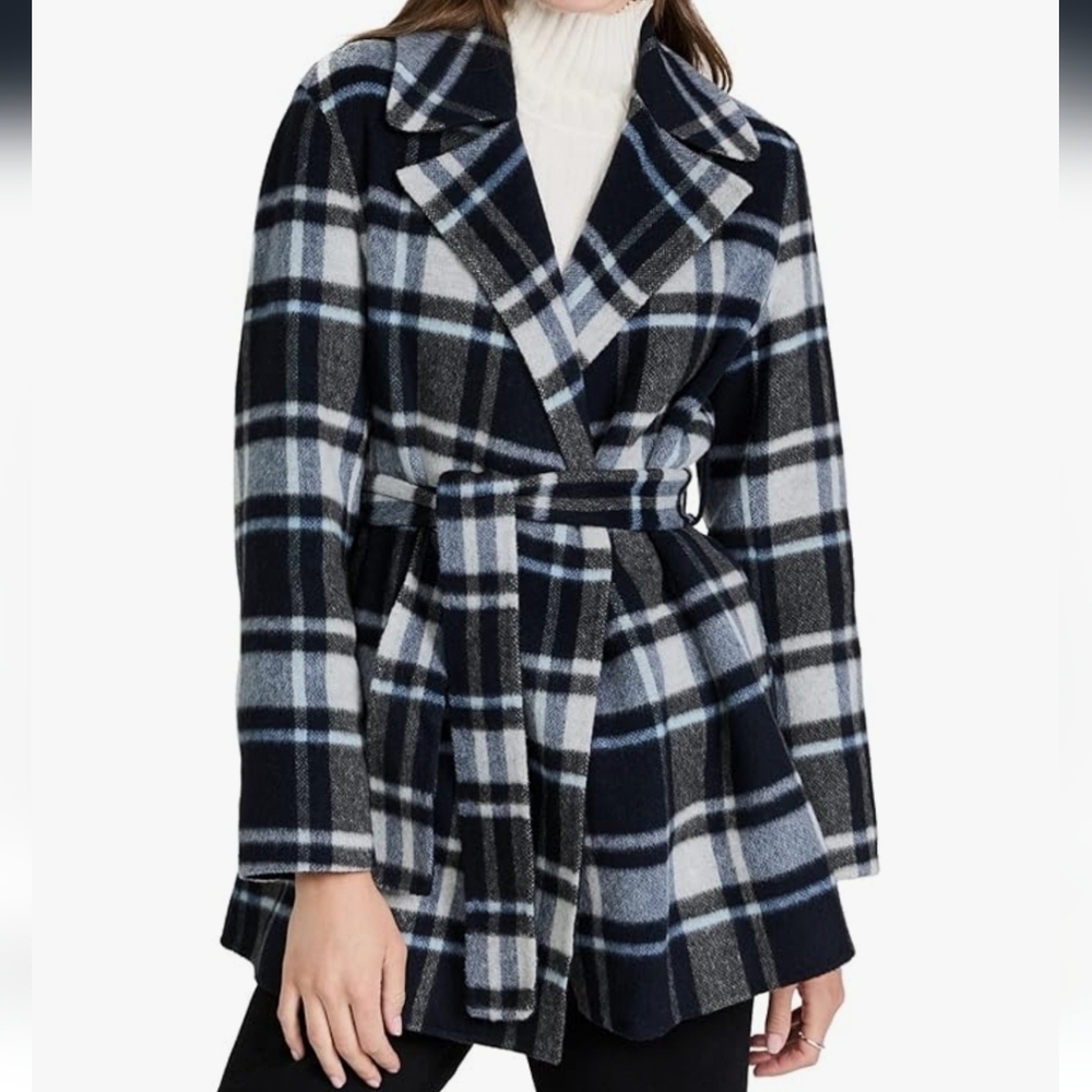 NWT Theory Women's Plaid Wool Alpaca Belted Wrap Overlay Coat Size Medium